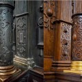 Vlevo detail chórových lavic z jezuitského kostela s chybějícími ozdobnými prvky  a analogické chórové lavice bez tmavého sekundárního nátěru s úplným zdobením